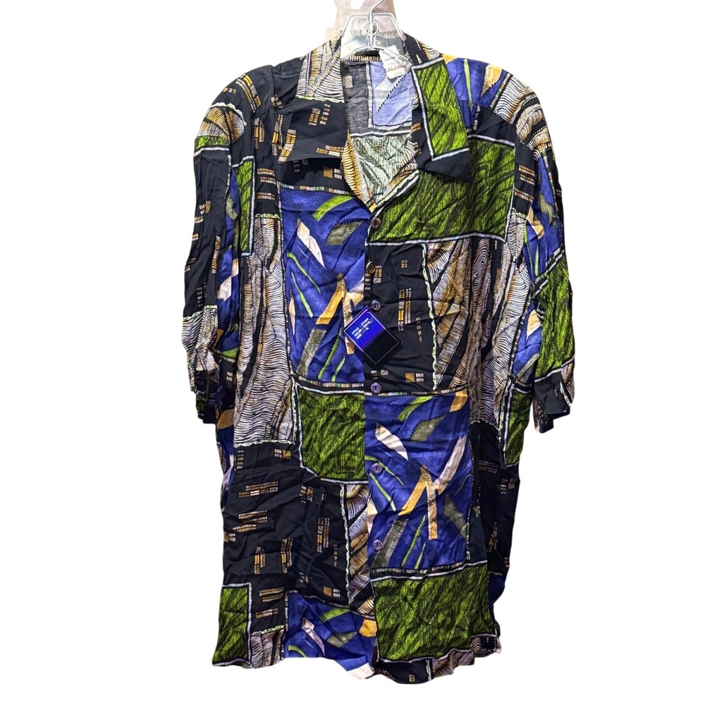 Stacy Adams Mens XL Abstract Geometric‎ Button Down Shirt Royal Blue Green